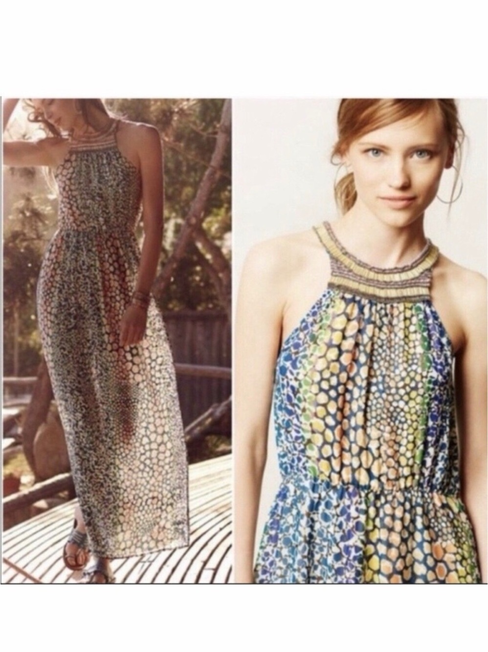 Anthropologie HD in Paris Mayacamas Maxi Dress US 4 Small Beaded Neck Multicolor